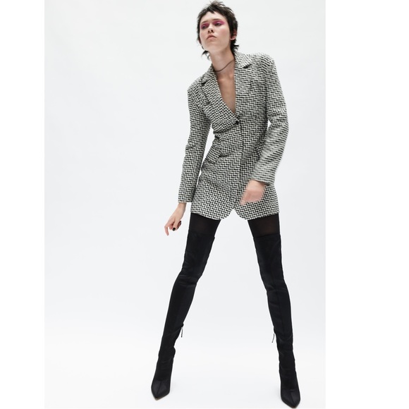 ZARA Tweed Houndstooth Lace Up Open Back Preppy Academia Blazer Mini Dress S - Picture 4 of 16